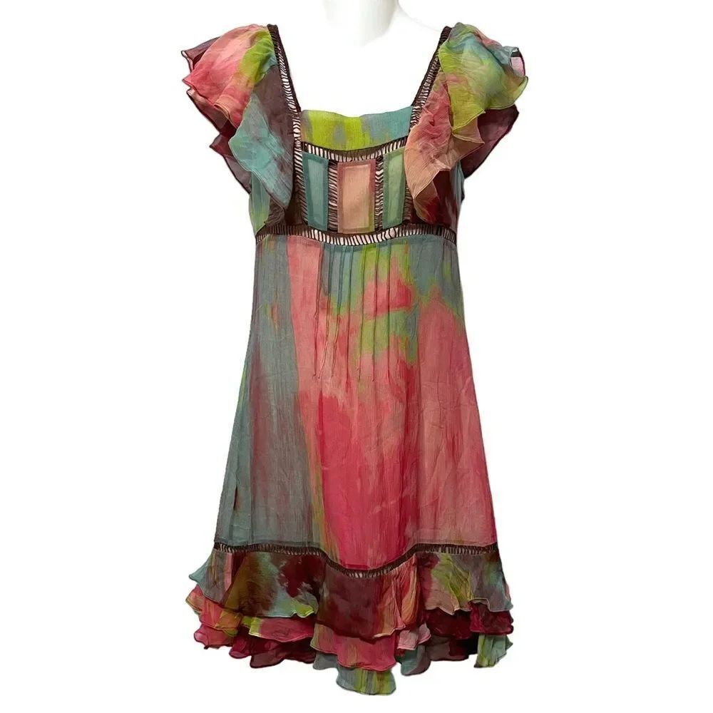NWT TRACY REESE Cubist Abstract Silk Ruffle Flutter Dress 2
